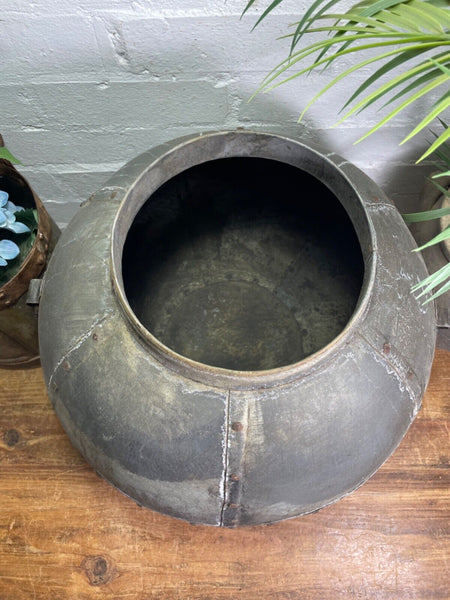XL Large Vintage Rustic Hand Beaten Riveted Indian Water Pot Vase Garden Planter