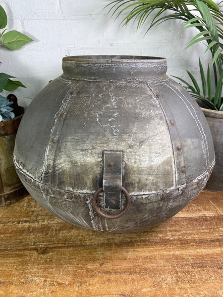 XL Large Vintage Rustic Hand Beaten Riveted Indian Water Pot Vase Garden Planter