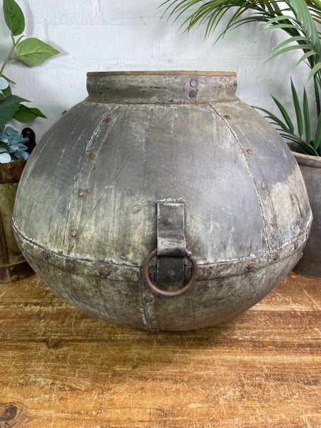 XL Large Vintage Rustic Hand Beaten Riveted Indian Water Pot Vase Garden Planter