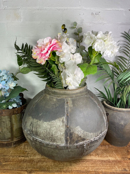 XL Large Vintage Rustic Hand Beaten Riveted Indian Water Pot Vase Garden Planter