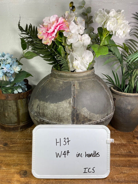 XL Large Vintage Rustic Hand Beaten Riveted Indian Water Pot Vase Garden Planter
