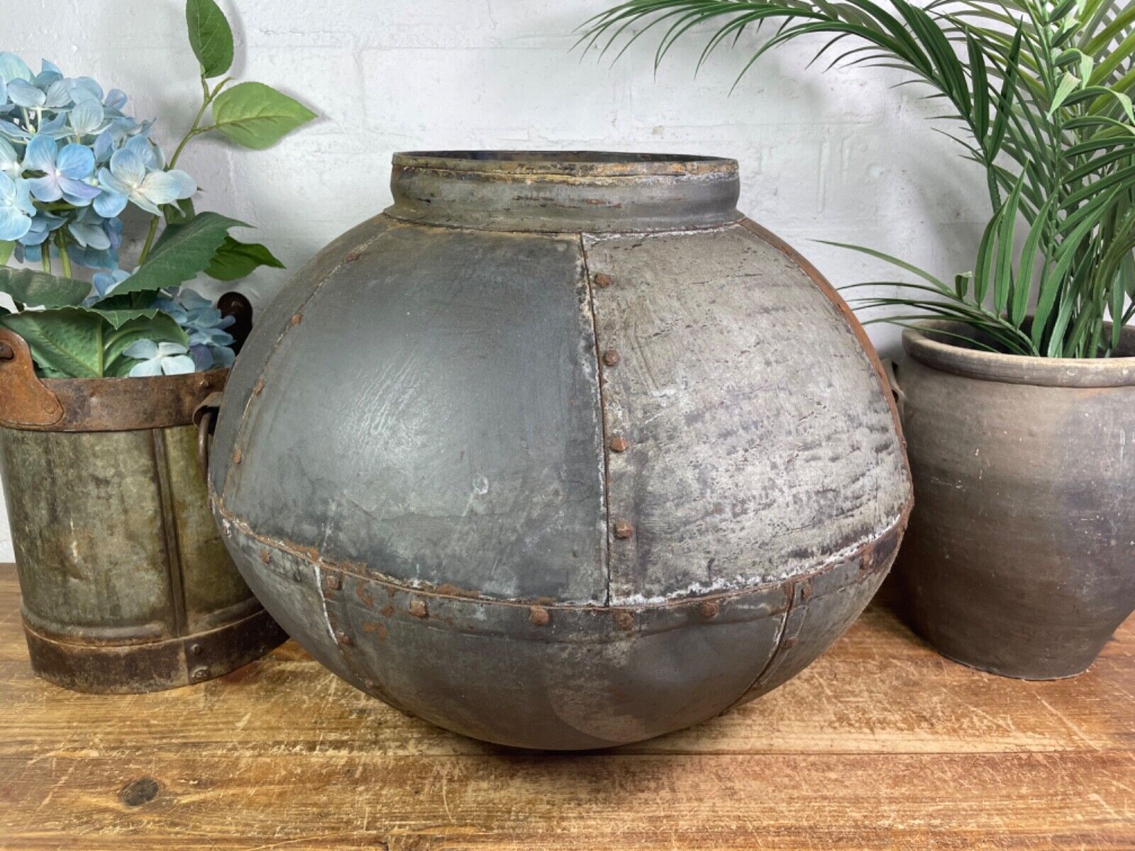 XL Large Vintage Rustic Hand Beaten Riveted Indian Water Pot Vase Garden Planter