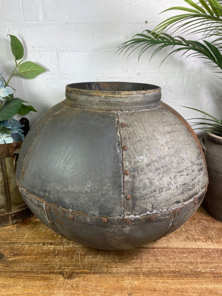 XL Large Vintage Rustic Hand Beaten Riveted Indian Water Pot Vase Garden Planter