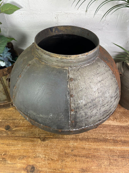 XL Large Vintage Rustic Hand Beaten Riveted Indian Water Pot Vase Garden Planter