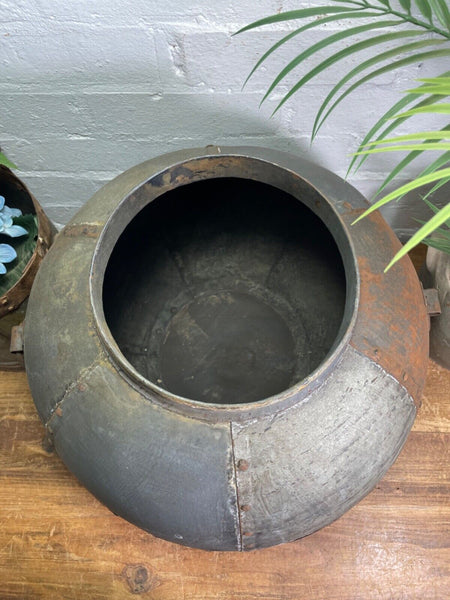 XL Large Vintage Rustic Hand Beaten Riveted Indian Water Pot Vase Garden Planter