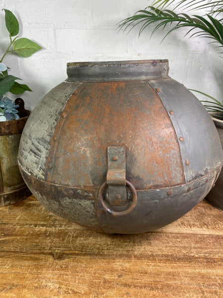 XL Large Vintage Rustic Hand Beaten Riveted Indian Water Pot Vase Garden Planter