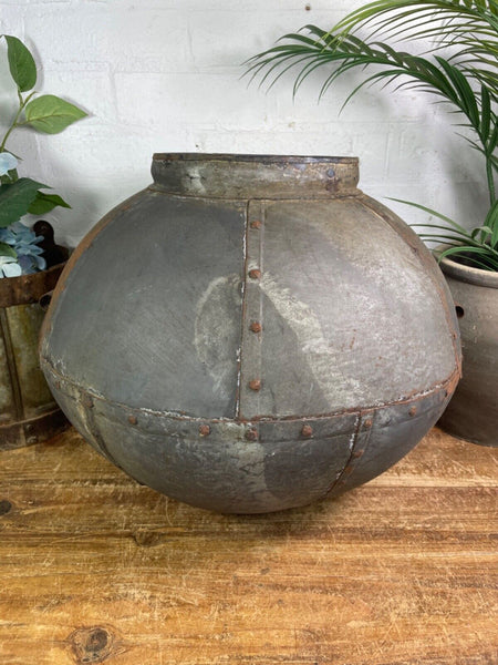 XL Large Vintage Rustic Hand Beaten Riveted Indian Water Pot Vase Garden Planter