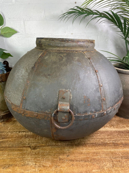 XL Large Vintage Rustic Hand Beaten Riveted Indian Water Pot Vase Garden Planter
