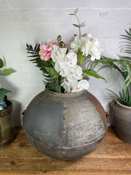 XL Large Vintage Rustic Hand Beaten Riveted Indian Water Pot Vase Garden Planter