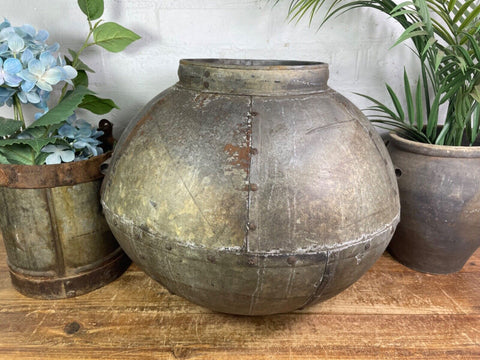 XL Large Vintage Rustic Hand Beaten Riveted Indian Water Pot Vase Garden Planter