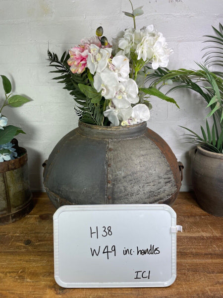 XL Large Vintage Rustic Hand Beaten Riveted Indian Water Pot Vase Garden Planter