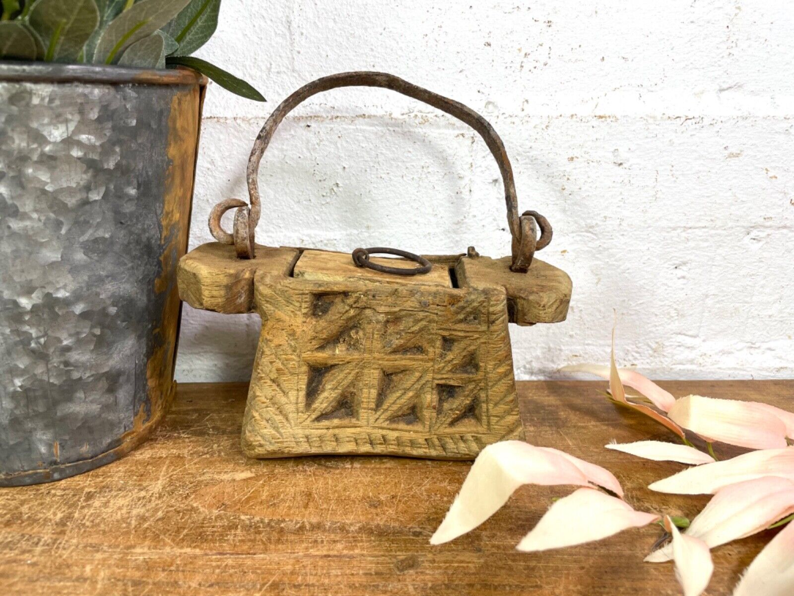 Vintage Indian Rustic Wabi Sabi Hand Carved Teak Wooden Oil Lantern Container
