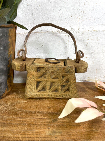 Vintage Indian Rustic Wabi Sabi Hand Carved Teak Wooden Oil Lantern Container