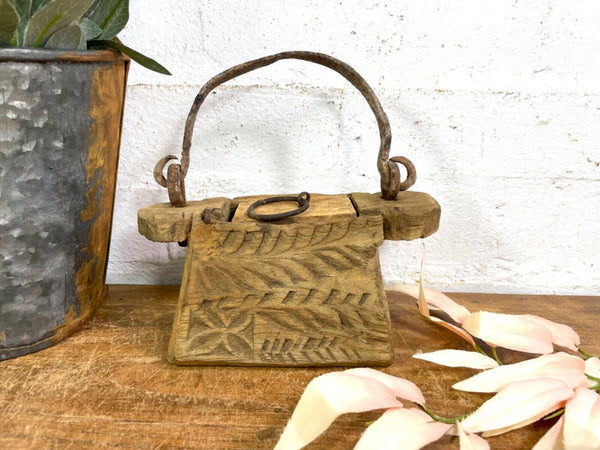 Vintage Indian Rustic Wabi Sabi Hand Carved Teak Wooden Oil Lantern Container