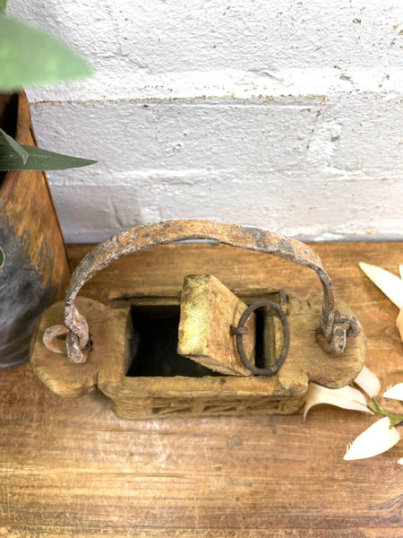 Vintage Indian Rustic Wabi Sabi Hand Carved Teak Wooden Oil Lantern Container