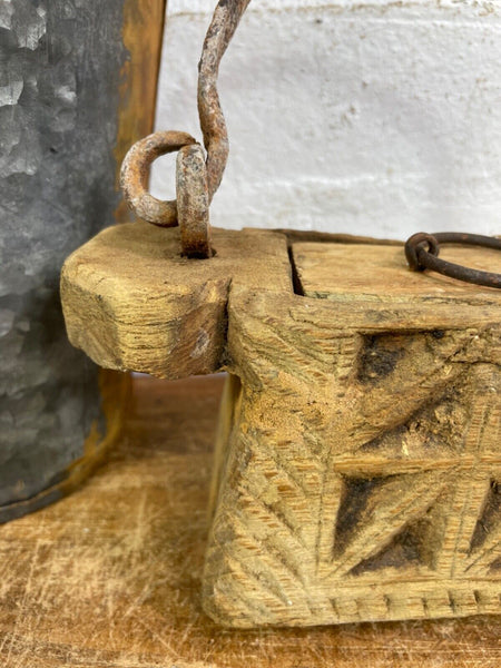 Vintage Indian Rustic Wabi Sabi Hand Carved Teak Wooden Oil Lantern Container