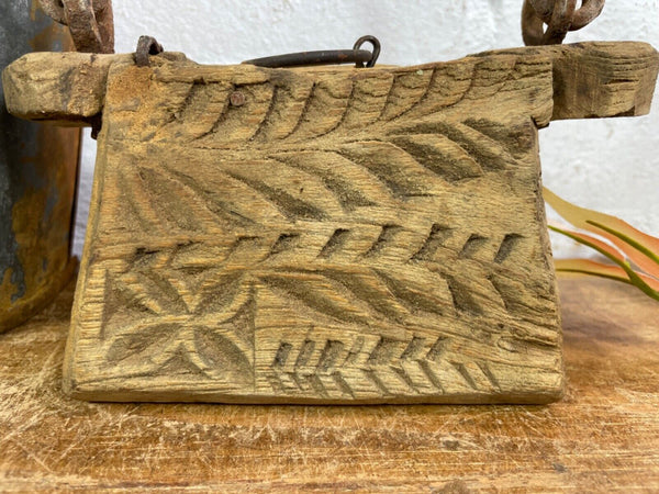 Vintage Indian Rustic Wabi Sabi Hand Carved Teak Wooden Oil Lantern Container