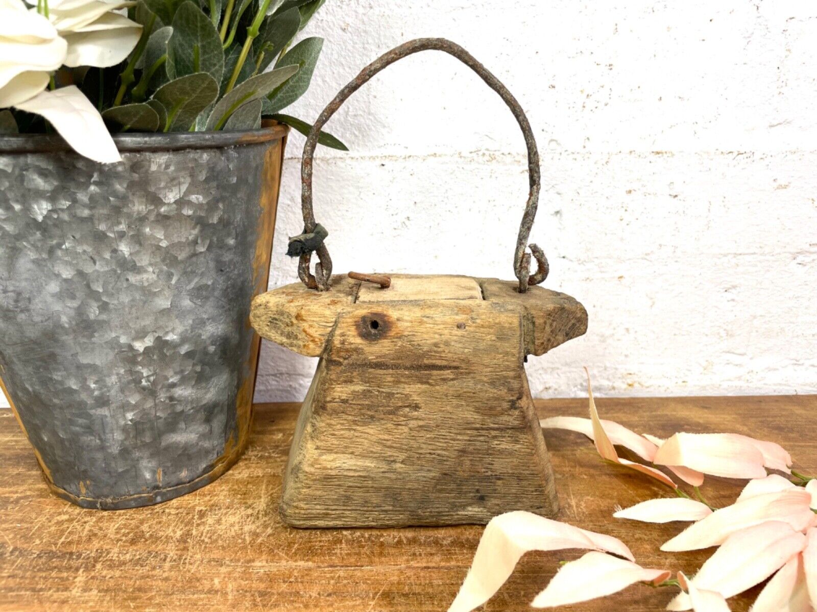 Vintage Indian Rustic Wabi Sabi Hand Carved Teak Wooden Oil Lantern Container