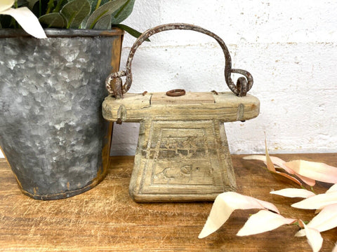 Vintage Indian Rustic Wabi Sabi Hand Carved Teak Wooden Oil Lantern Container