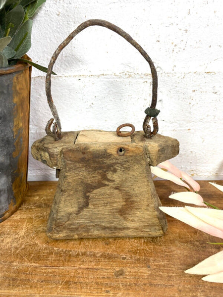Vintage Indian Rustic Wabi Sabi Hand Carved Teak Wooden Oil Lantern Container