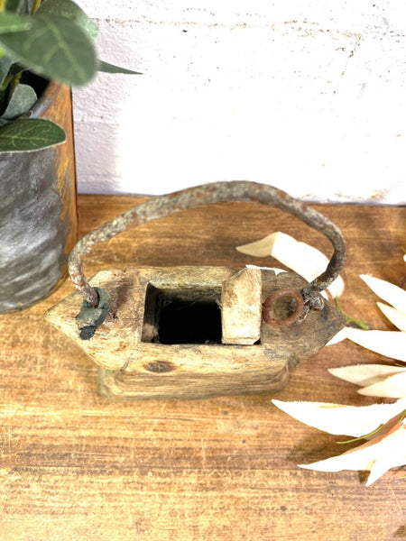 Vintage Indian Rustic Wabi Sabi Hand Carved Teak Wooden Oil Lantern Container