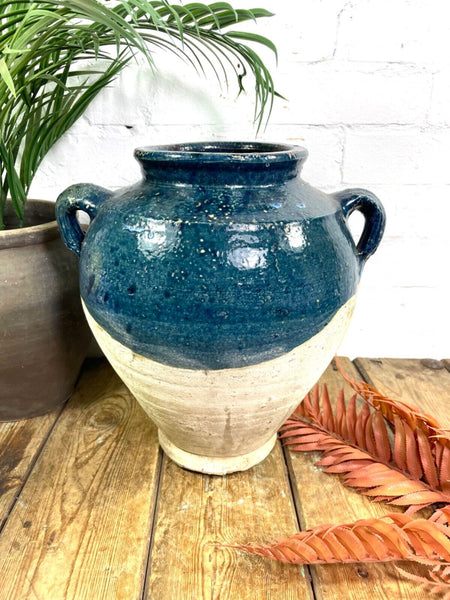 Vintage French Blue Glazed Terracotta Confit Pot Urn