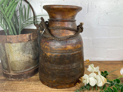 Vintage Rustic Wabi Sabi Nepalese Wooden Hand Carved Water Milk Pot Flower Vase
