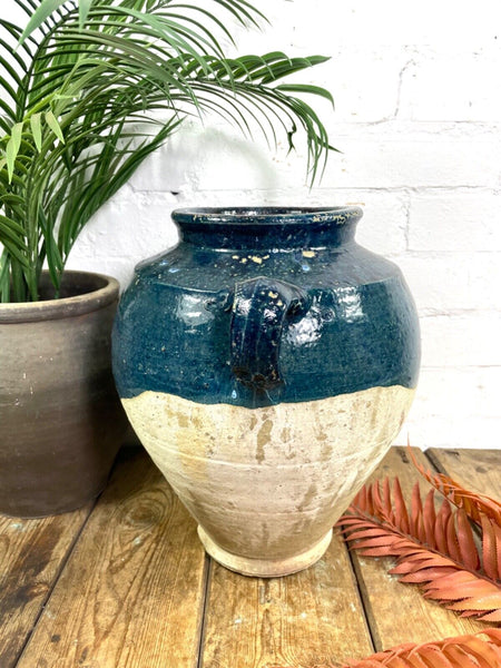 Vintage French Blue Glazed Terracotta Confit Pot Urn
