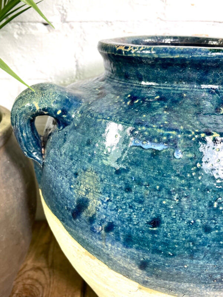 Vintage French Blue Glazed Terracotta Confit Pot Urn
