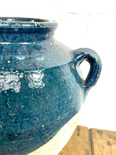 Vintage French Blue Glazed Terracotta Confit Pot Urn
