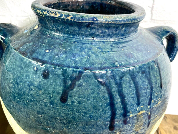 Vintage French Blue Glazed Terracotta Confit Pot Urn