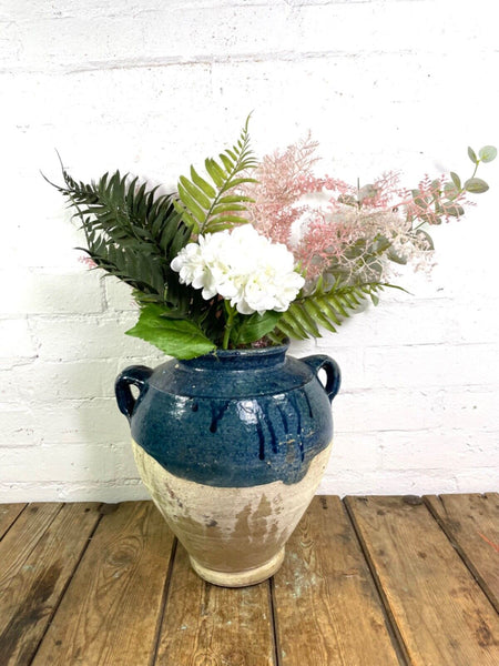 Vintage French Blue Glazed Terracotta Confit Pot Urn