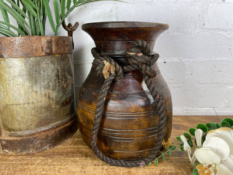 Vintage Rustic Wabi Sabi Nepalese Wooden Hand Carved Water Milk Pot Flower Vase