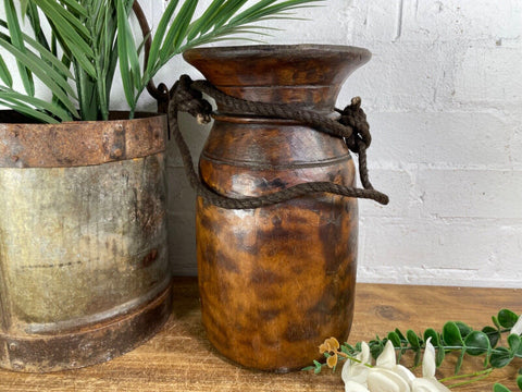 Vintage Rustic Wabi Sabi Nepalese Wooden Hand Carved Water Milk Pot Flower Vase