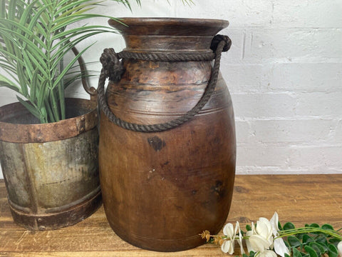 Vintage Rustic Wabi Sabi Nepalese Wooden Hand Carved Water Milk Pot Flower Vase
