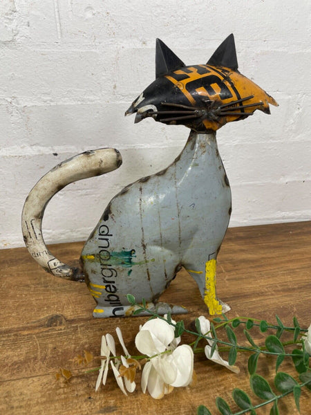 Hand Made Reclaimed Recycled Metal Oil Drum Paint Tin Pussy Cat Sculpture Garden