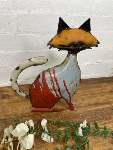 Hand Made Reclaimed Recycled Metal Oil Drum Paint Tin Pussy Cat Sculpture Garden
