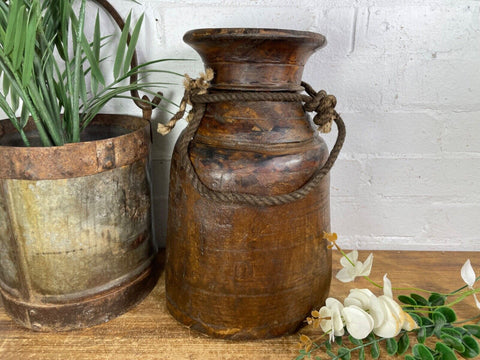Vintage Rustic Wabi Sabi Nepalese Wooden Hand Carved Water Milk Pot Flower Vase