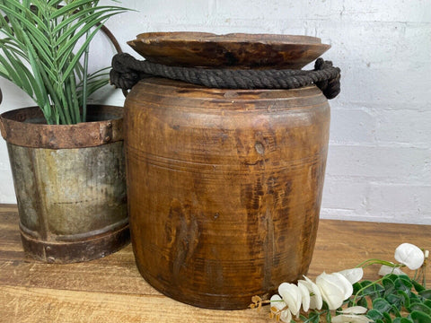 Vintage Rustic Wabi Sabi Nepalese Wooden Hand Carved Water Milk Pot Flower Vase