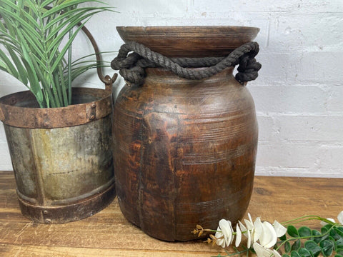 Vintage Rustic Wabi Sabi Nepalese Wooden Hand Carved Water Milk Pot Flower Vase