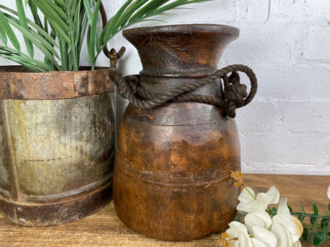 Vintage Rustic Wabi Sabi Nepalese Wooden Hand Carved Water Milk Pot Flower Vase