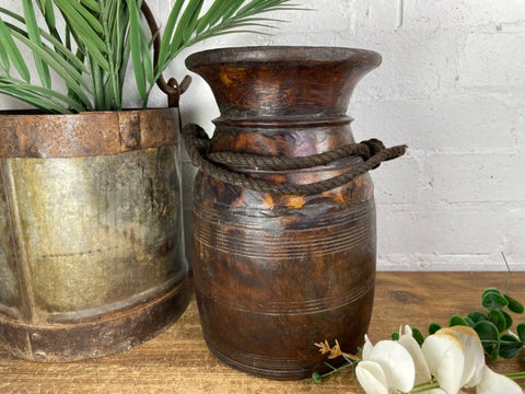 Vintage Rustic Wabi Sabi Nepalese Wooden Hand Carved Water Milk Pot Flower Vase