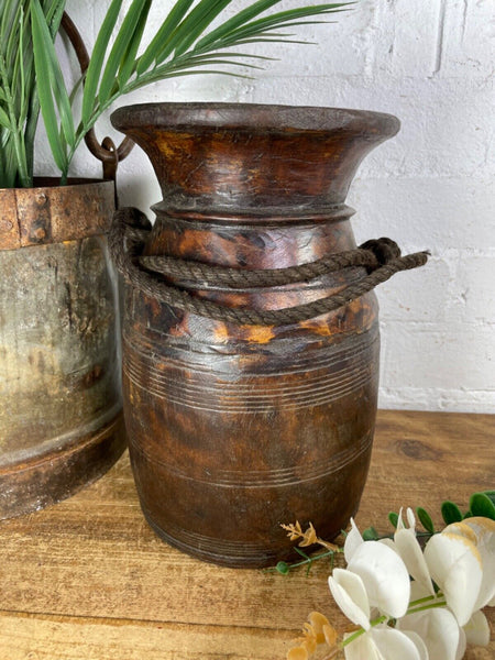 Vintage Rustic Wabi Sabi Nepalese Wooden Hand Carved Water Milk Pot Flower Vase