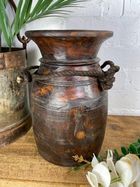 Vintage Rustic Wabi Sabi Nepalese Wooden Hand Carved Water Milk Pot Flower Vase