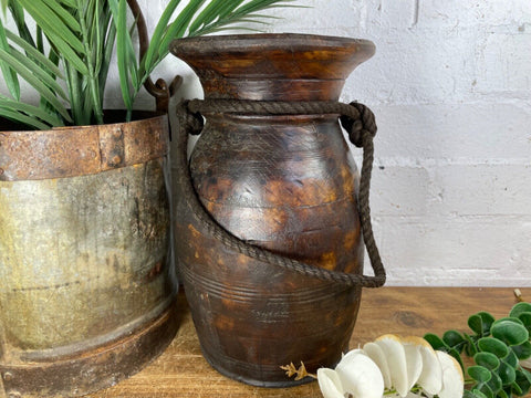Vintage Rustic Wabi Sabi Nepalese Wooden Hand Carved Water Milk Pot Flower Vase