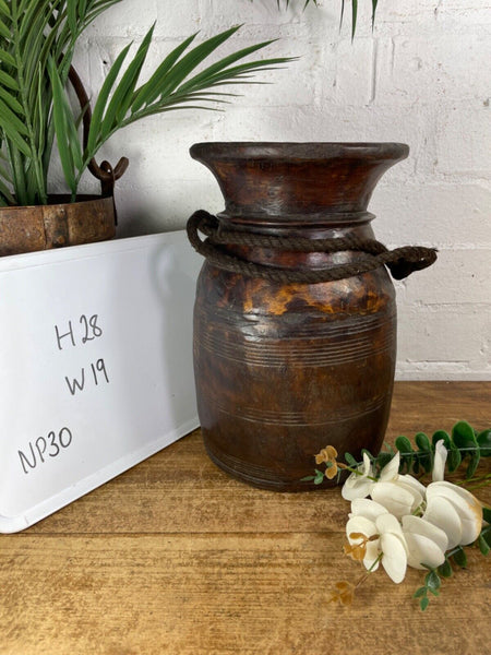 Vintage Rustic Wabi Sabi Nepalese Wooden Hand Carved Water Milk Pot Flower Vase