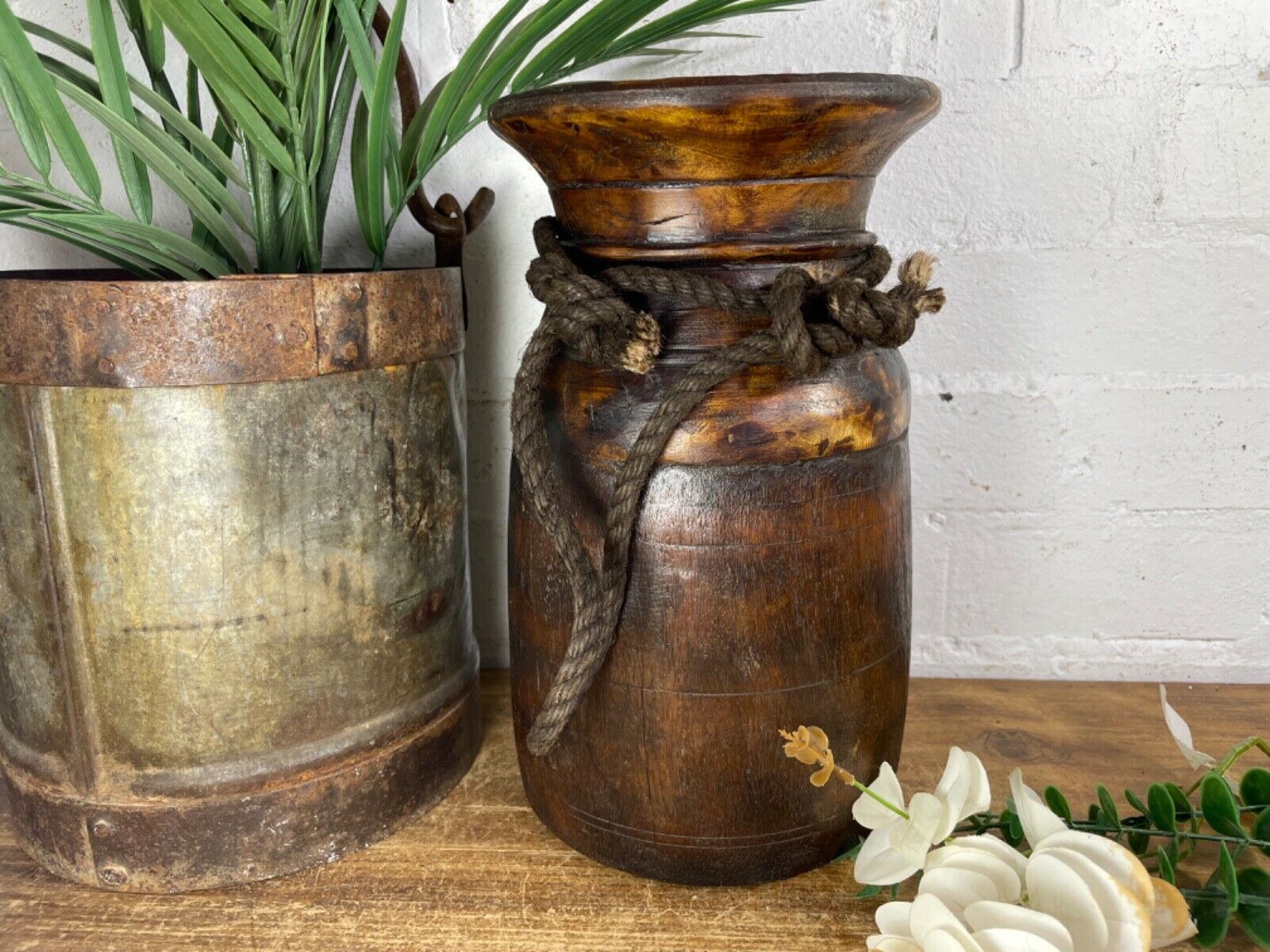Vintage Rustic Wabi Sabi Nepalese Wooden Hand Carved Water Milk Pot Flower Vase