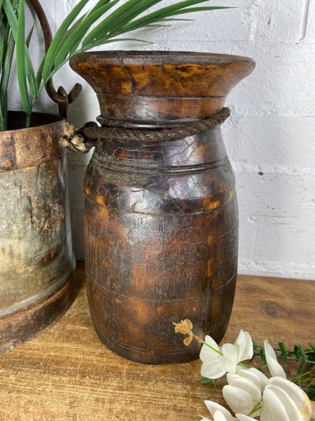 Vintage Rustic Wabi Sabi Nepalese Wooden Hand Carved Water Milk Pot Flower Vase