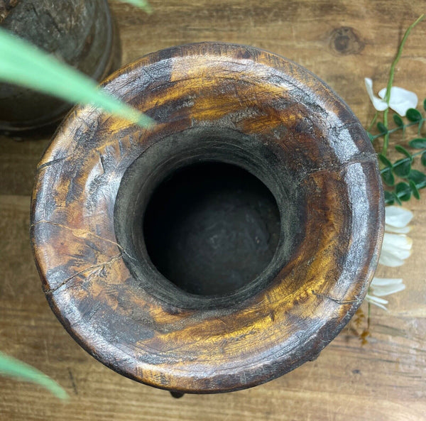 Vintage Rustic Wabi Sabi Nepalese Wooden Hand Carved Water Milk Pot Flower Vase