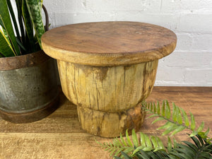 Vintage Rustic Wabi Sabi Indian Wooden Mortar Side Lamp Drinks Table Plant Stand